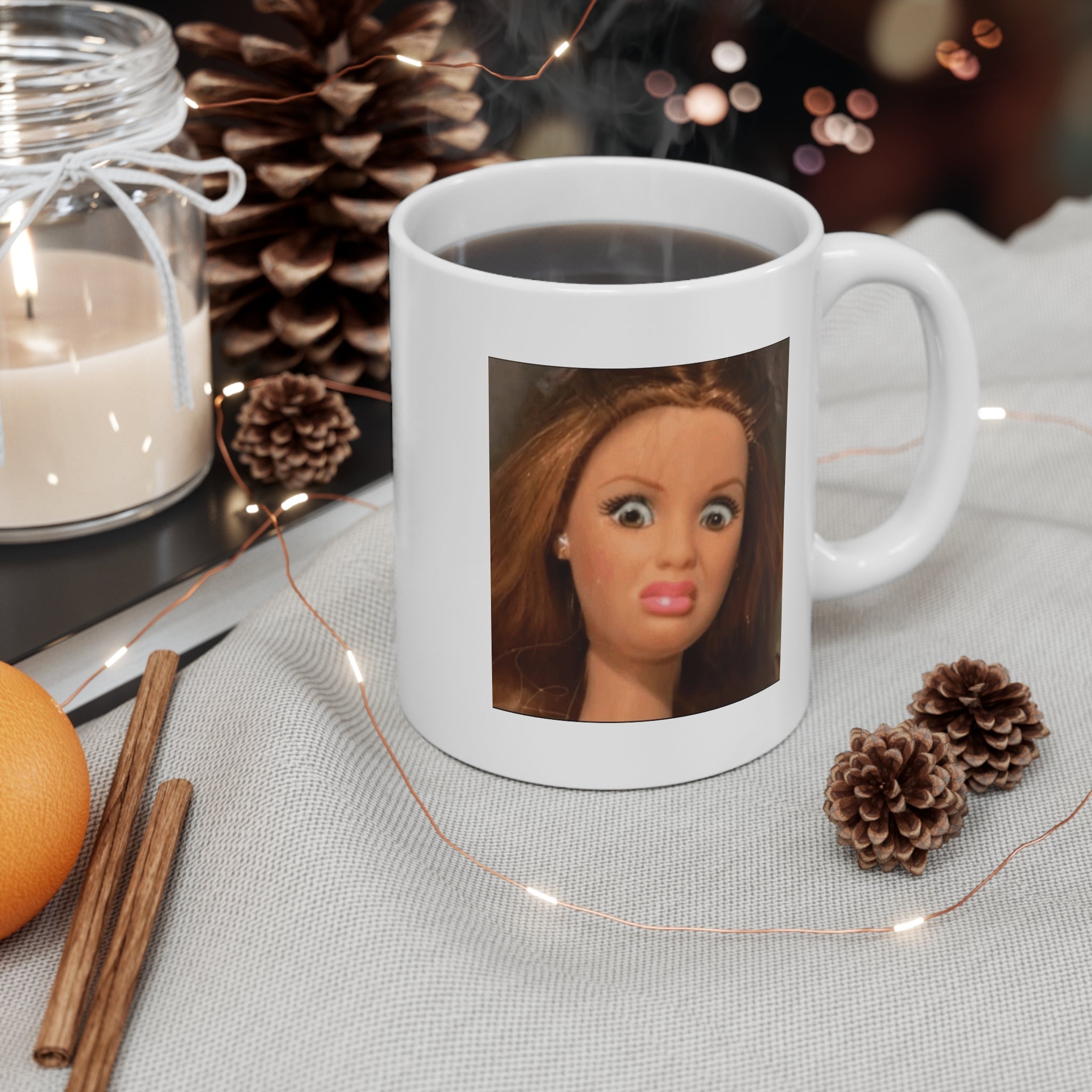 Funny Doll Face Mug  Humorous Doll Ceramic Coffee Cup